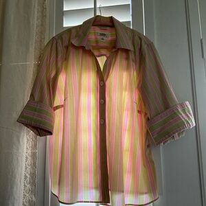 Talbots Striped Button-Up Shirt in Pink and Light Green
